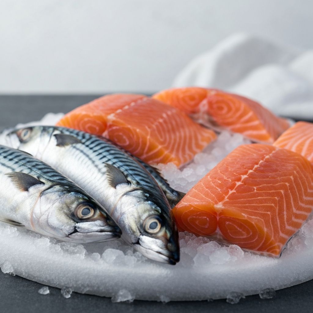 Fresh Atlantic salmon and mackerel displaying natural colors and textures