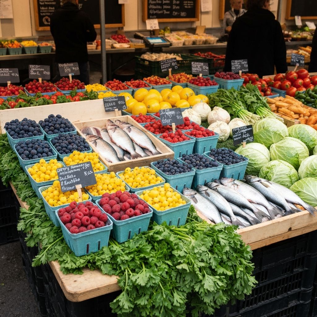 Nordic market scene showing variety of fresh berries, fish, and vegetables displayed together