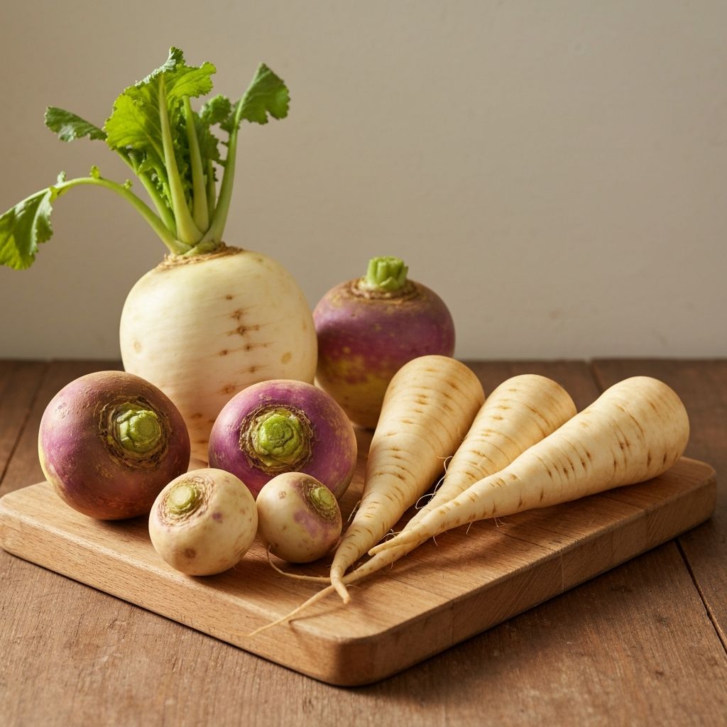 Assorted fresh Nordic root vegetables including turnips, rutabagas, and parsnips on wood